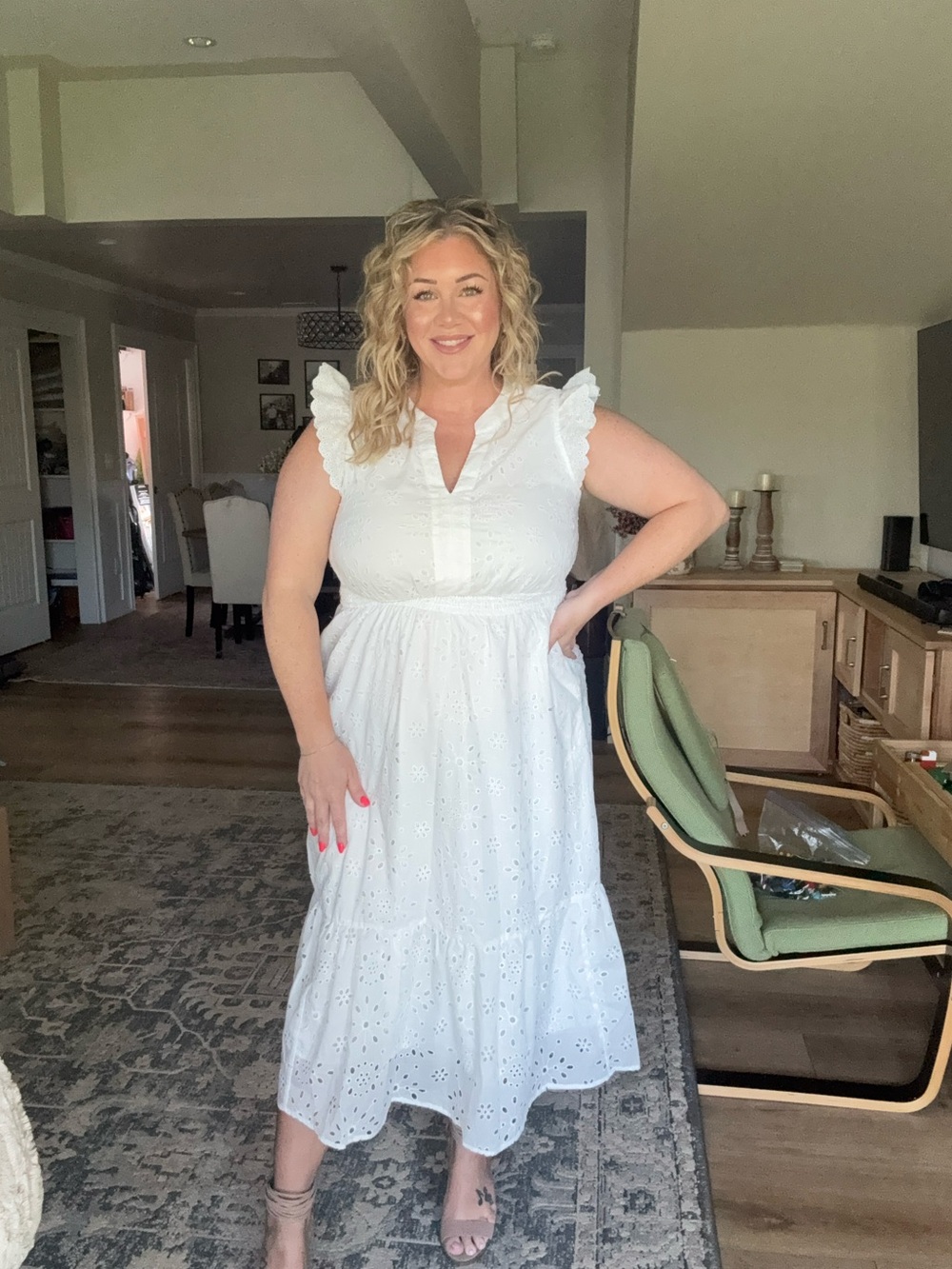 White Eyelet Midi Dress with Ruffle Sleeves